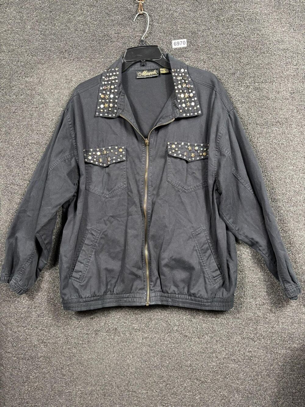 Vintage Mureli Jacket Womens XL Black Studded Rhinestone Bomber Cotton 80s